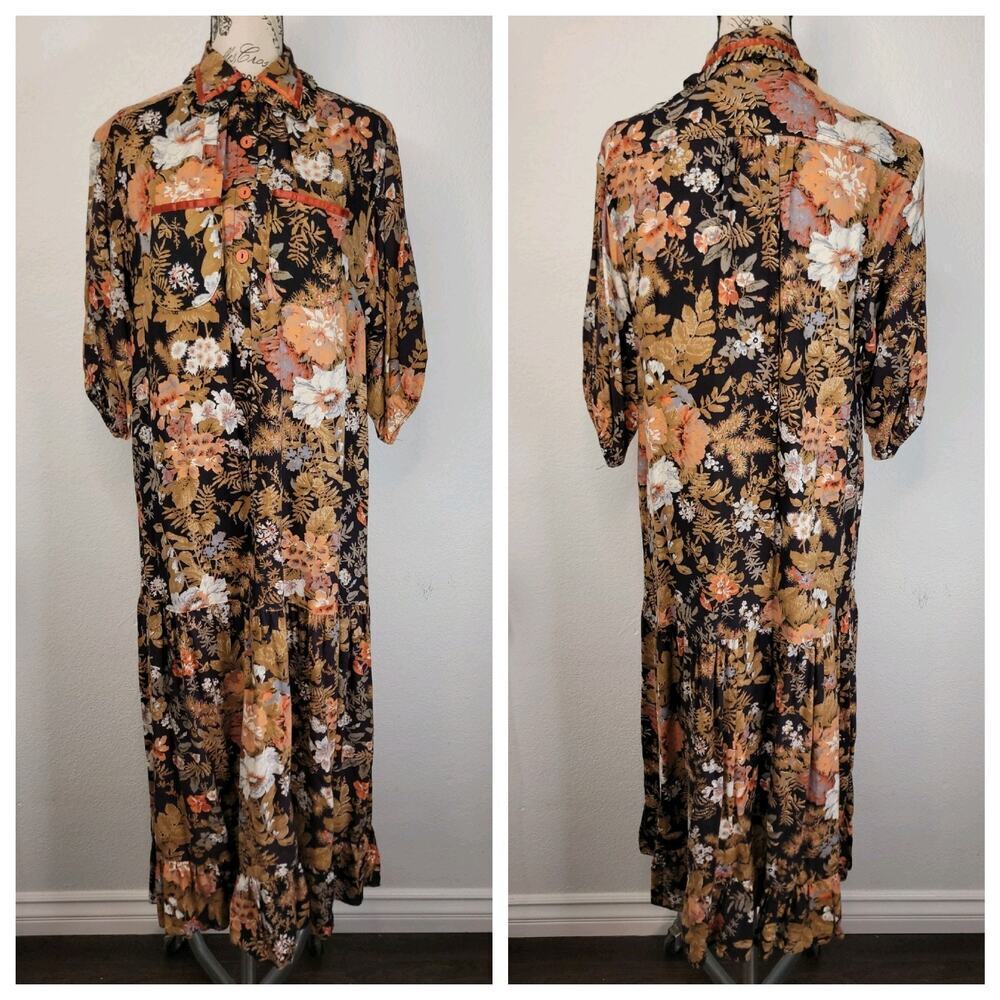 VTG Young Edwardian Prairie Peasant Dress Cottagecore Short Sleeve Floral S/M